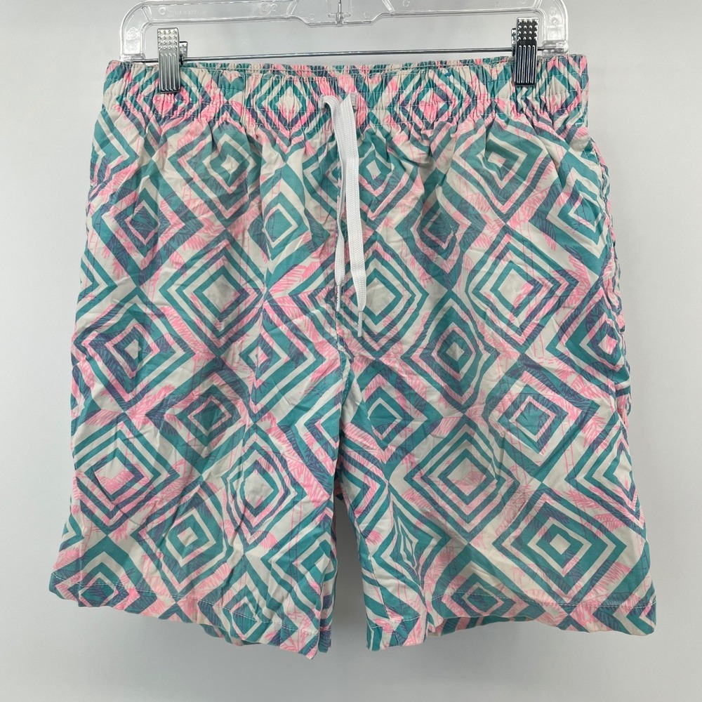 Chubbies Swim Trunks Mens Medium Teal Pink Geometric Diamond Mesh Lined Shorts